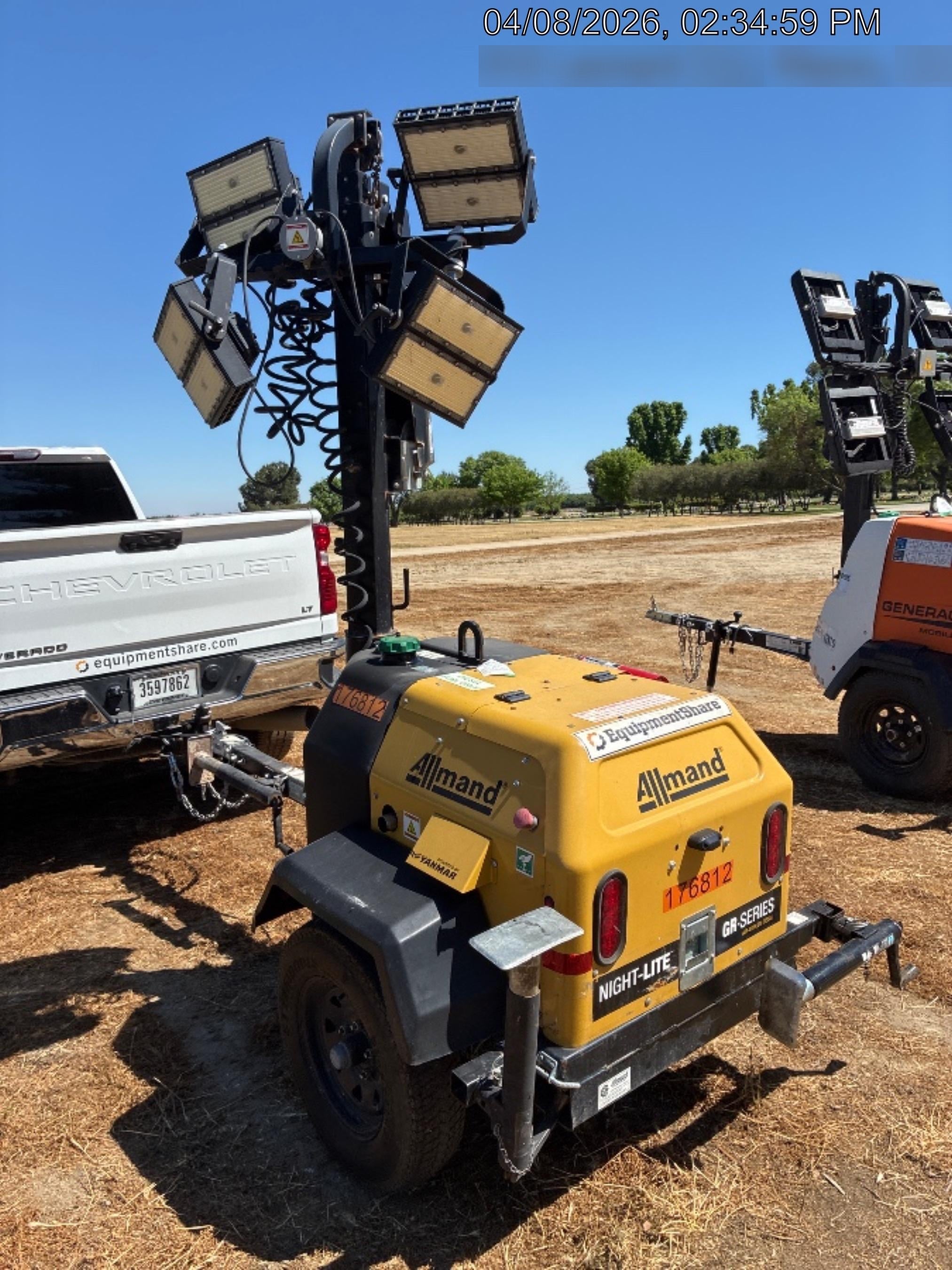 Allmand NLV3GR (4) LED Light Fixture 350W, 23' Vertical Mast, 3kW Prime, Towable, Deep Sea L401, Leveling Jacks, Yanmar T4F 5.8hp
