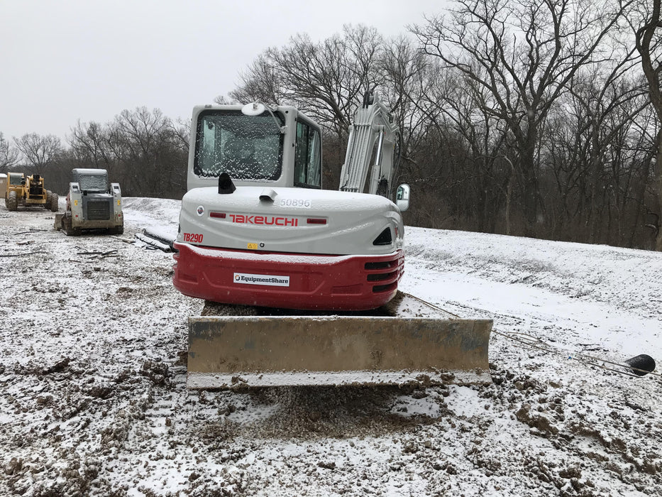 2019 Takeuchi TB290 Cab, AC, Rubber Tracks, Dozer Blade, Travel Alarm, Control Pattern Change Valve, Auxiliary Hydraulics w/18" Quick Coupler Bucket with teeth, 6.2 cu. ft. capacity/24" Quick Coupler Bucket with teeth, 8.6 cu. ft. capacity/36" Quick Coupler Bucket with teeth, 13.4 cu. ft. capacity, Quick Coupler, Hydraulic Thumb Installed