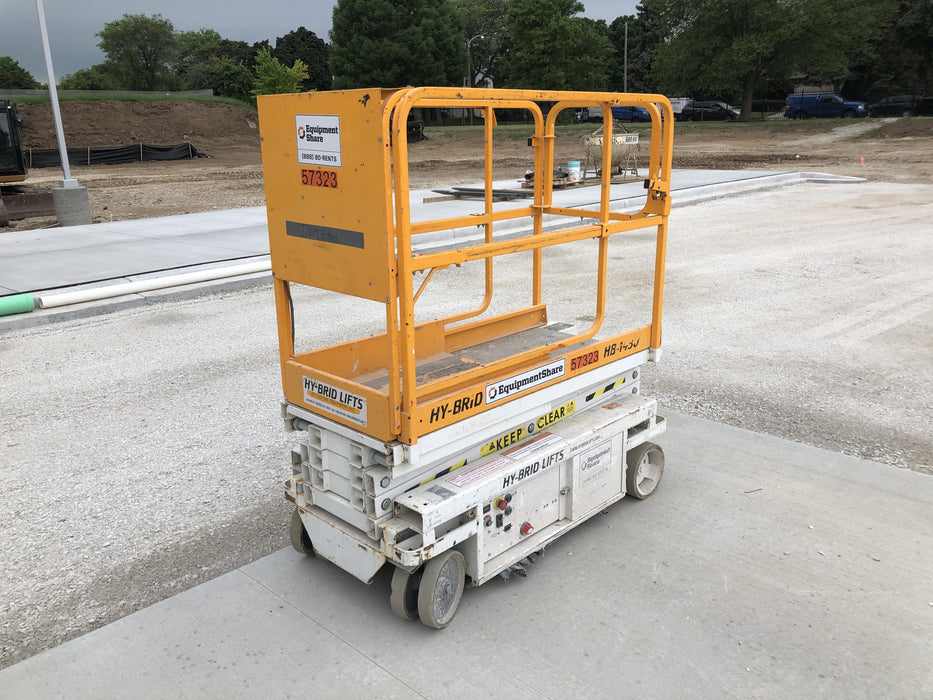 Custom Equipment HB-1430 <ul>
 <li>Hy-Brid Scissor Lift</li>
  <li>Platform capacity up to 670 lbs.</li>
  <li>Working height up to 20 ft</li>
  <li>Weighs under 1,700 lbs.</li>
  <li>Non-marking wheels </li>
</ul>