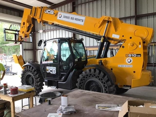 2019 JCB 510-56 Enclosed Cab, 74 HP, Solid Tires, Worklights, Beacon, Aux Hydraulics, Lifting Eye w/66" Carriage/60" Forks