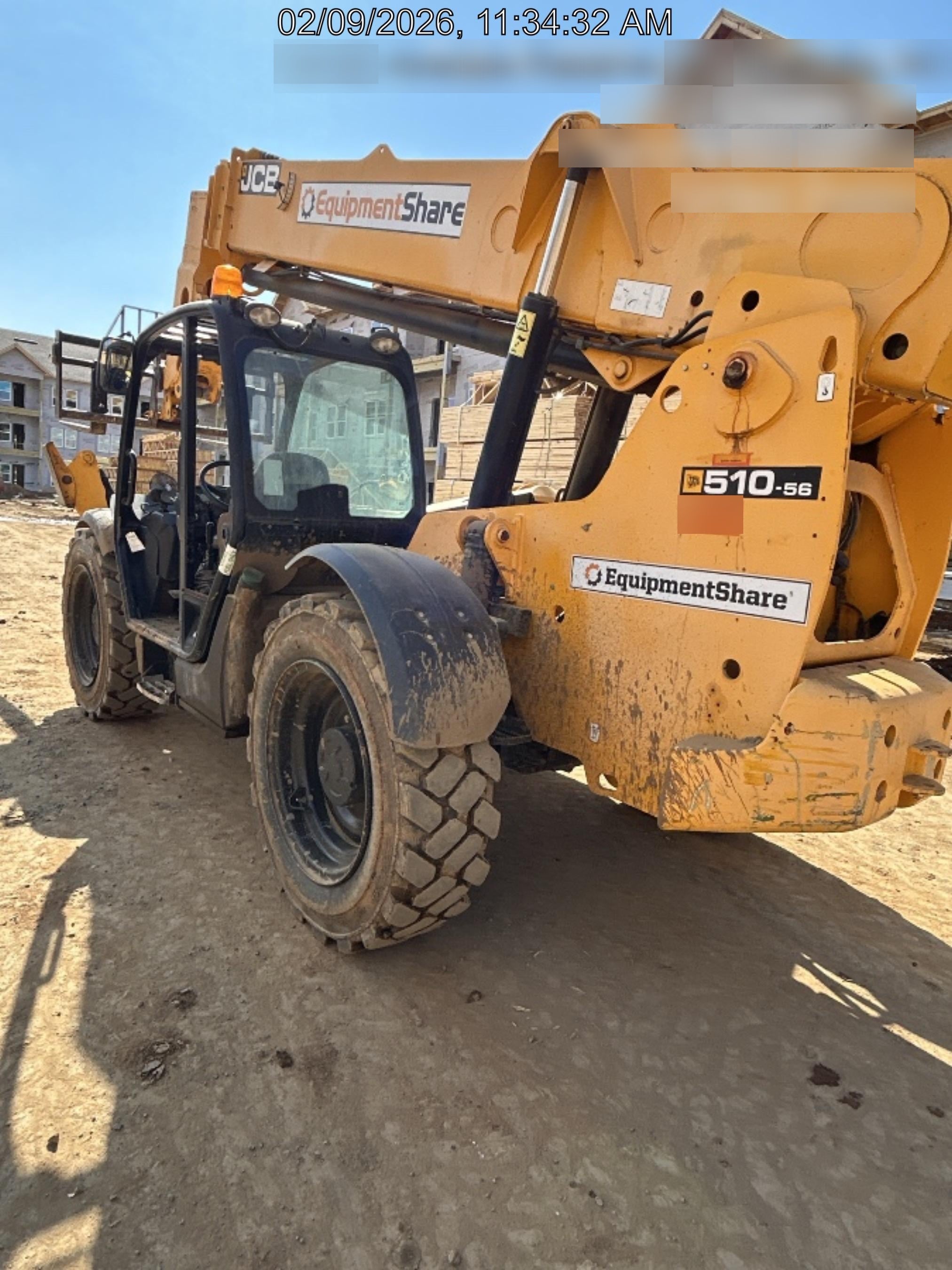 2019 JCB 510-56 Open ROPS, 74 HP, Solid Tires, Worklights, Beacon, Aux Hydraulics, Lifting Eye w/72" Carriage/60" Forks