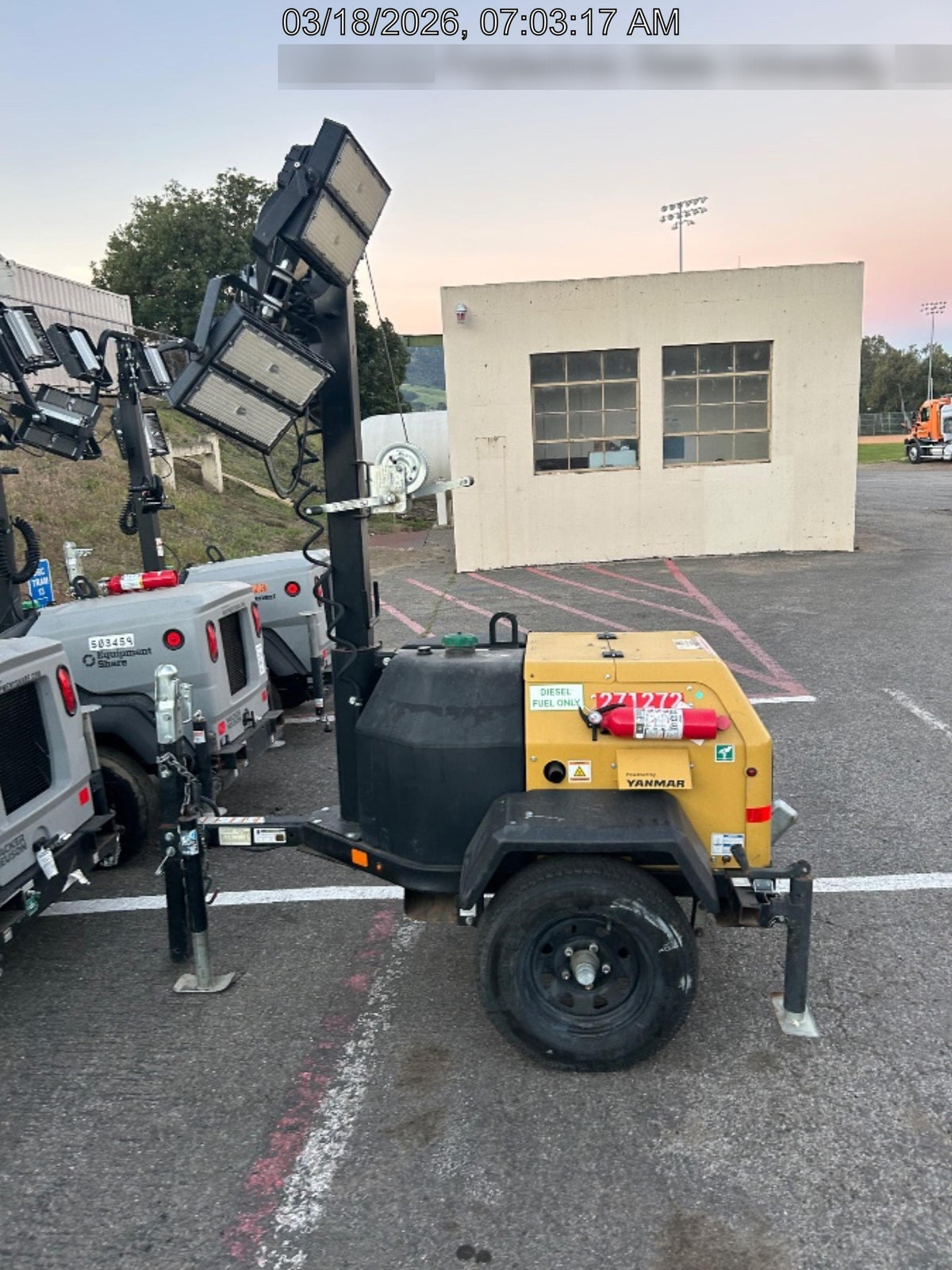 2022 Allmand NLV3GR (4) LED Light Fixture 350W, 23' Vertical Mast, 3kW Prime, Towable, ES Decals, T3