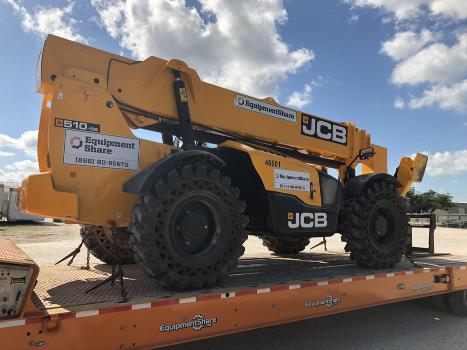 2019 JCB 510-56 Enclosed Cab, 74 HP, Solid Tires, Worklights, Beacon, Aux Hydraulics, Lifting Eye w/66" Carriage/60" Forks