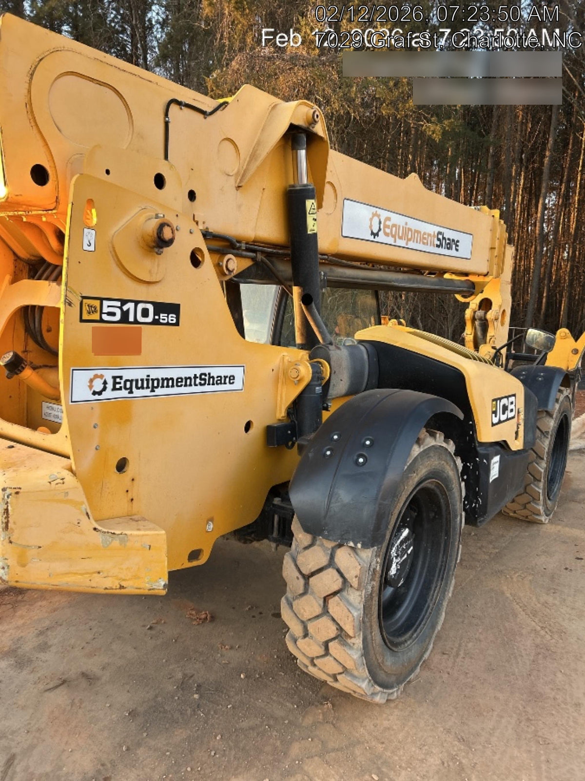 2019 JCB 510-56 Open ROPS, 74 HP, Solid Tires, Worklights, Beacon, Aux Hydraulics, Lifting Eye w/72" Carriage/60" Forks