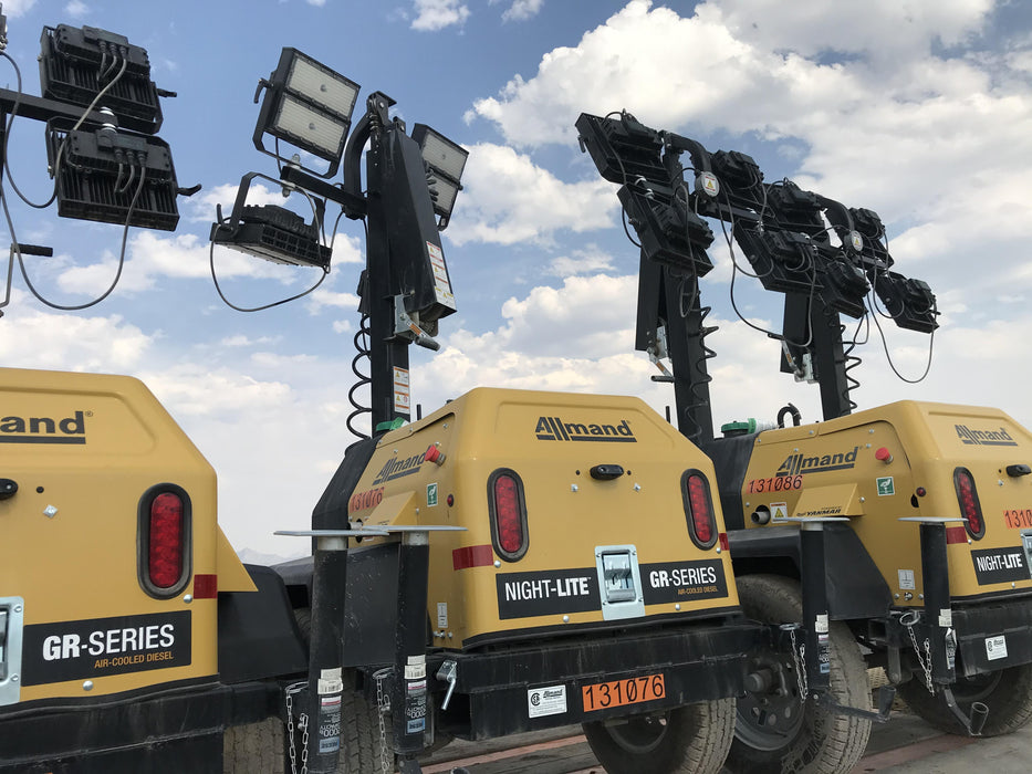 2021 Allmand NLV3GR (4) LED Light Fixture 350W, 23' Vertical Mast, 3kW Prime, Towable, Deep Sea L401, Leveling Jacks, Yanmar T4F 5.8hp