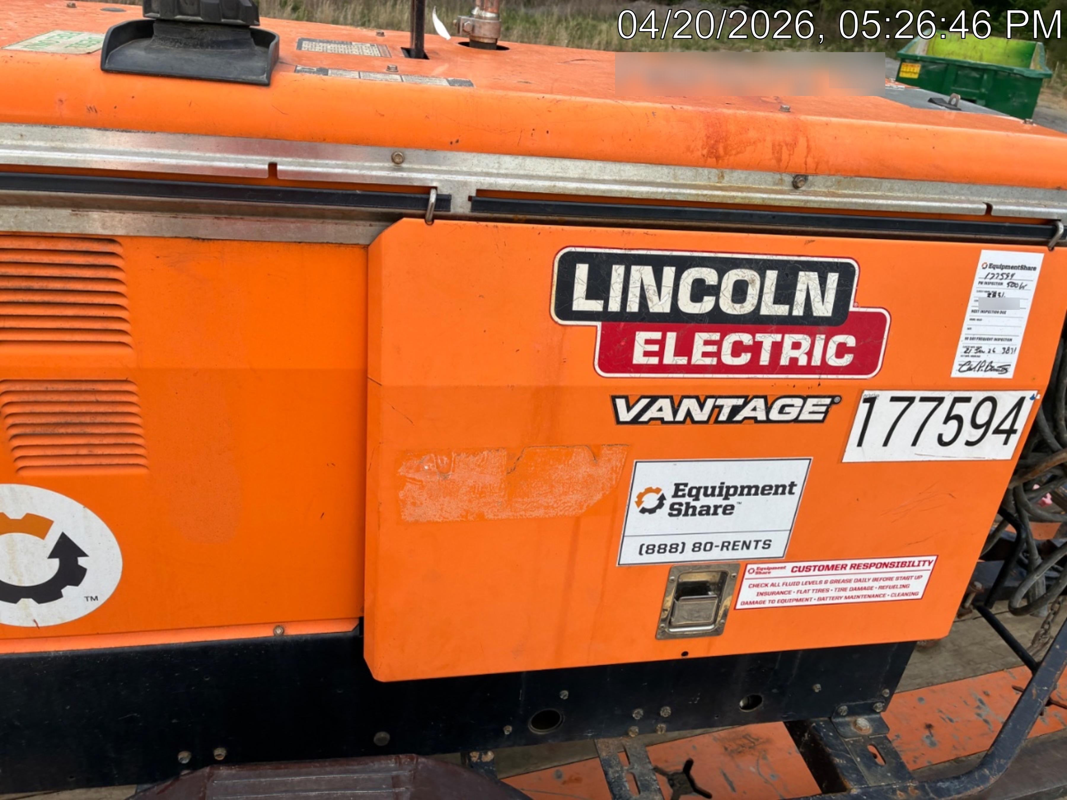 2021 Lincoln Electric Vantage 322 Vantage 322 Ready Pak 3 w/ Decals, ORANGE (includes trailer, cable rack, fender light kit) NO Telematics