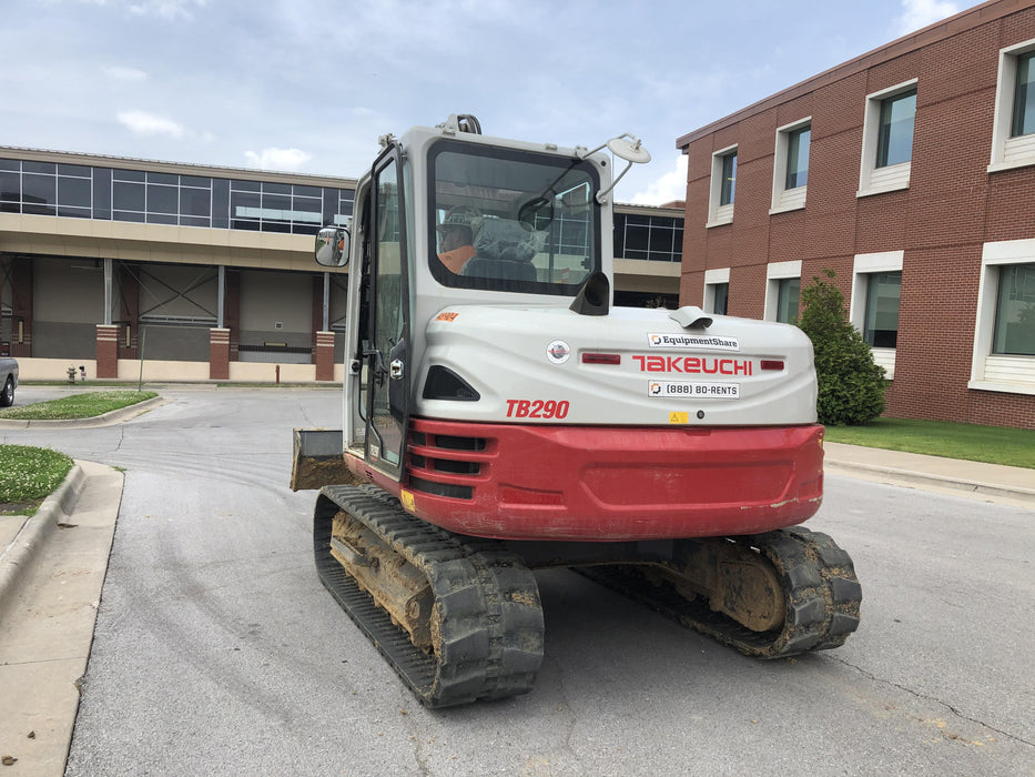 2019 Takeuchi TB290 Cab, AC, Rubber Tracks, Dozer Blade, Travel Alarm, Control Pattern Change Valve, Auxiliary Hydraulics w/18" Quick Coupler Bucket with teeth, 6.2 cu. ft. capacity/24" Quick Coupler Bucket with teeth, 8.6 cu. ft. capacity/36" Quick Coupler Bucket with teeth, 13.4 cu. ft. capacity, Quick Coupler, Hydraulic Thumb Installed