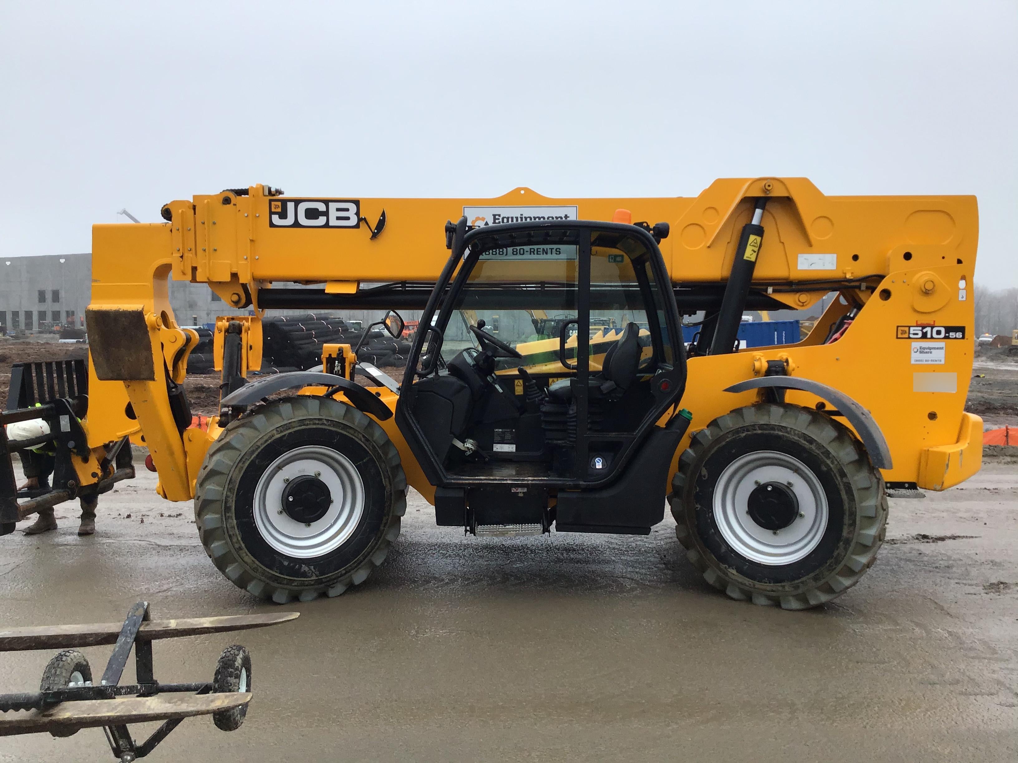 2019 JCB 510-56 74 HP w/Open ROPS, Beacon, Aux Hydraulics, Worklights, Solid Tires 60" Carriage/Forks