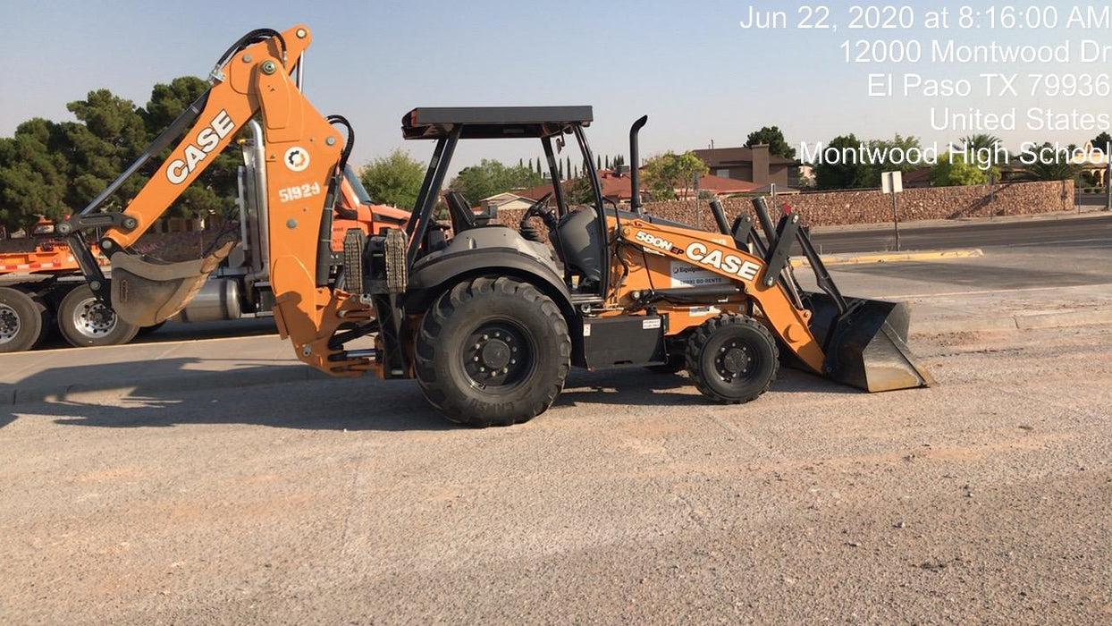 2019 Case 580N EP Canopy, 4WD, 1-Way Aux Hydraulics, Pilot Controls, Ride Control and Loader Aux Hydraulics, 900 LB. Front CWT, 82" HD LONG LIP (1 CU. YD.) W/BOCE AND LIFT EYES, FLIP OVER/STABILIZER PADS COMB