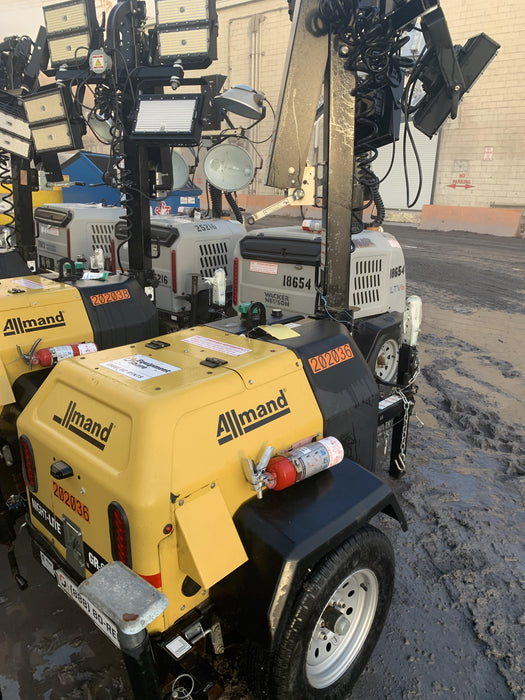 2022 Allmand NLV3GR (4) LED Light Fixture 350W, 23' Vertical Mast, 3kW Prime, Towable, Deep Sea L401, Leveling Jacks, Yanmar T4F 5.8hp