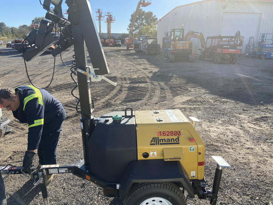 2021 Allmand NLV3GR (4) LED Light Fixture 350W, 23' Vertical Mast, 3kW Prime, Towable, Deep Sea L401, Leveling Jacks, Yanmar T4F 5.8hp