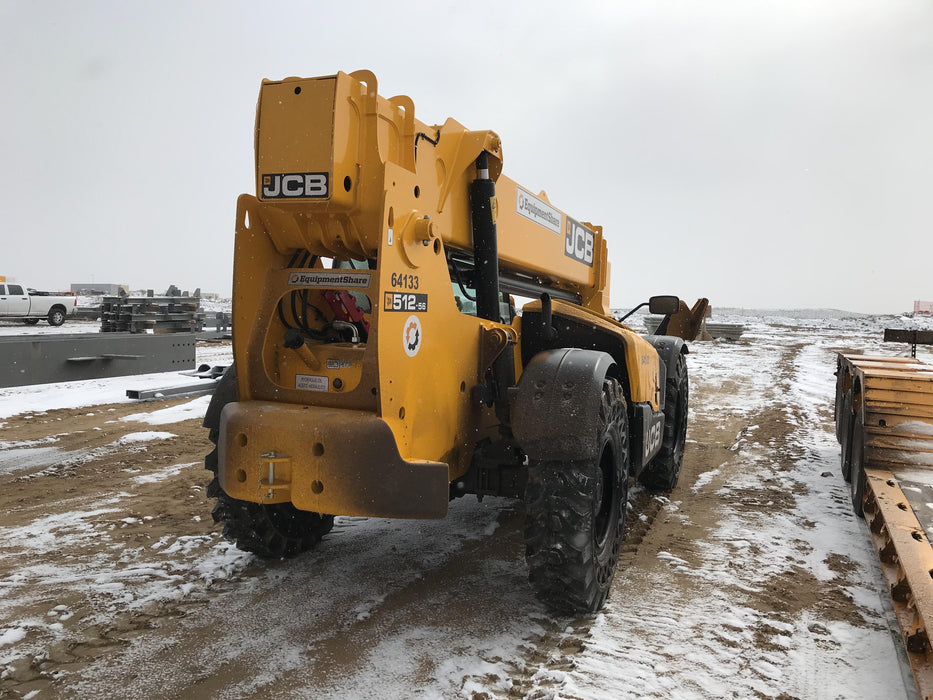 2019 JCB 512-56 Enclosed Cab, 109 HP, Solid Tires, Worklights, Beacon, Aux Hydraulics, Lifting Eye w/66" Carriage/60" Forks