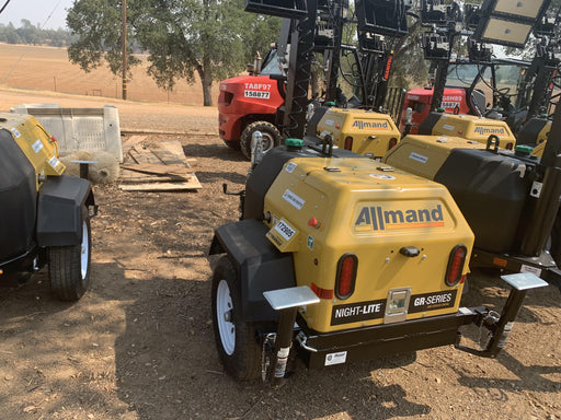 Allmand NLV3GR (4) LED Light Fixture 350W, 23' Vertical Mast, 3kW Prime, Towable, Deep Sea L401, Leveling Jacks, Yanmar T4F 5.8hp