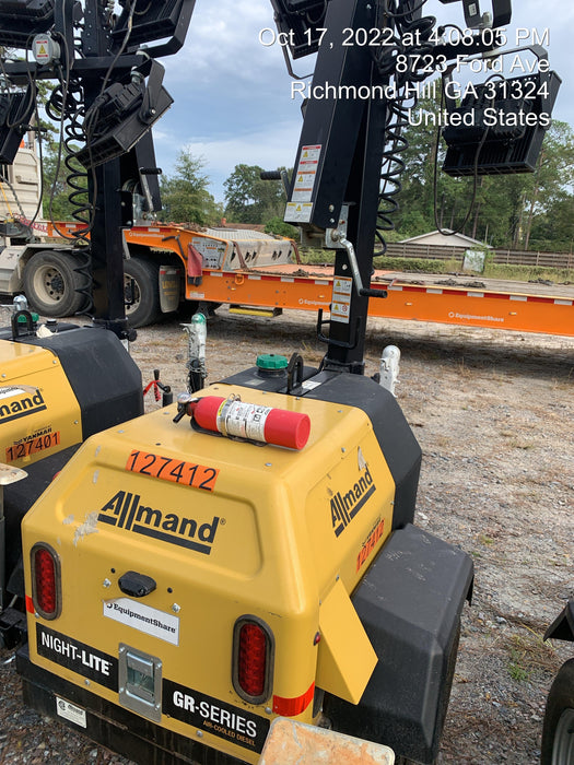 2021 Allmand NLV3GR (4) LED Light Fixture 350W, 23' Vertical Mast, 3kW Prime, Towable, Deep Sea L401, Leveling Jacks, Yanmar T4F 5.8hp