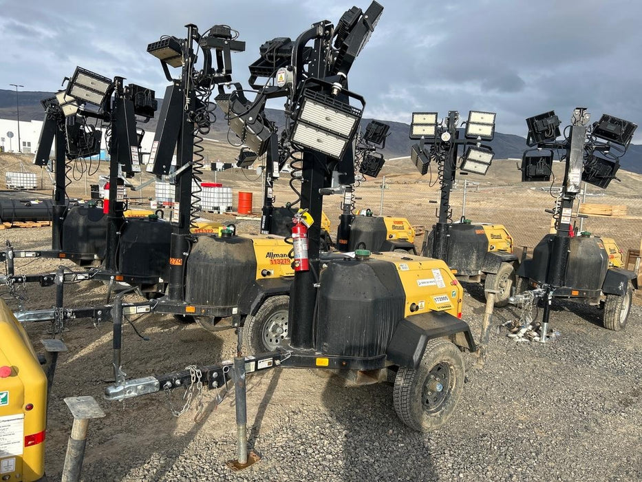 Allmand NLV3GR (4) LED Light Fixture 350W, 23' Vertical Mast, 3kW Prime, Towable, Deep Sea L401, Leveling Jacks, Yanmar T4F 5.8hp