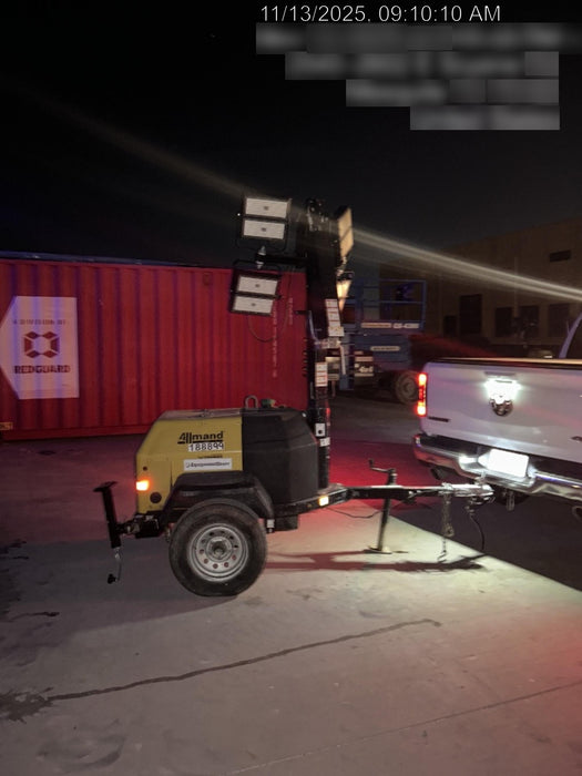 Allmand NLV3GR (4) LED Light Fixture 350W, 23' Vertical Mast, 3kW Prime, Towable, Deep Sea L401, Leveling Jacks, Yanmar T4F 5.8hp