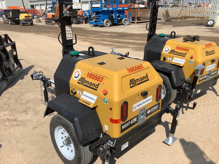 2021 Allmand NLV3GR (4) LED Light Fixture 350W, 23' Vertical Mast, 3kW Prime, Towable, Deep Sea L401, Leveling Jacks, Yanmar T4F 5.8hp