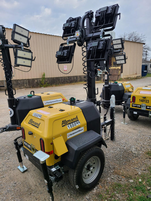 Allmand NLV3GR (4) LED Light Fixture 350W, 23' Vertical Mast, 3kW Prime, Towable, Deep Sea L401, Leveling Jacks, Yanmar T4F 5.8hp