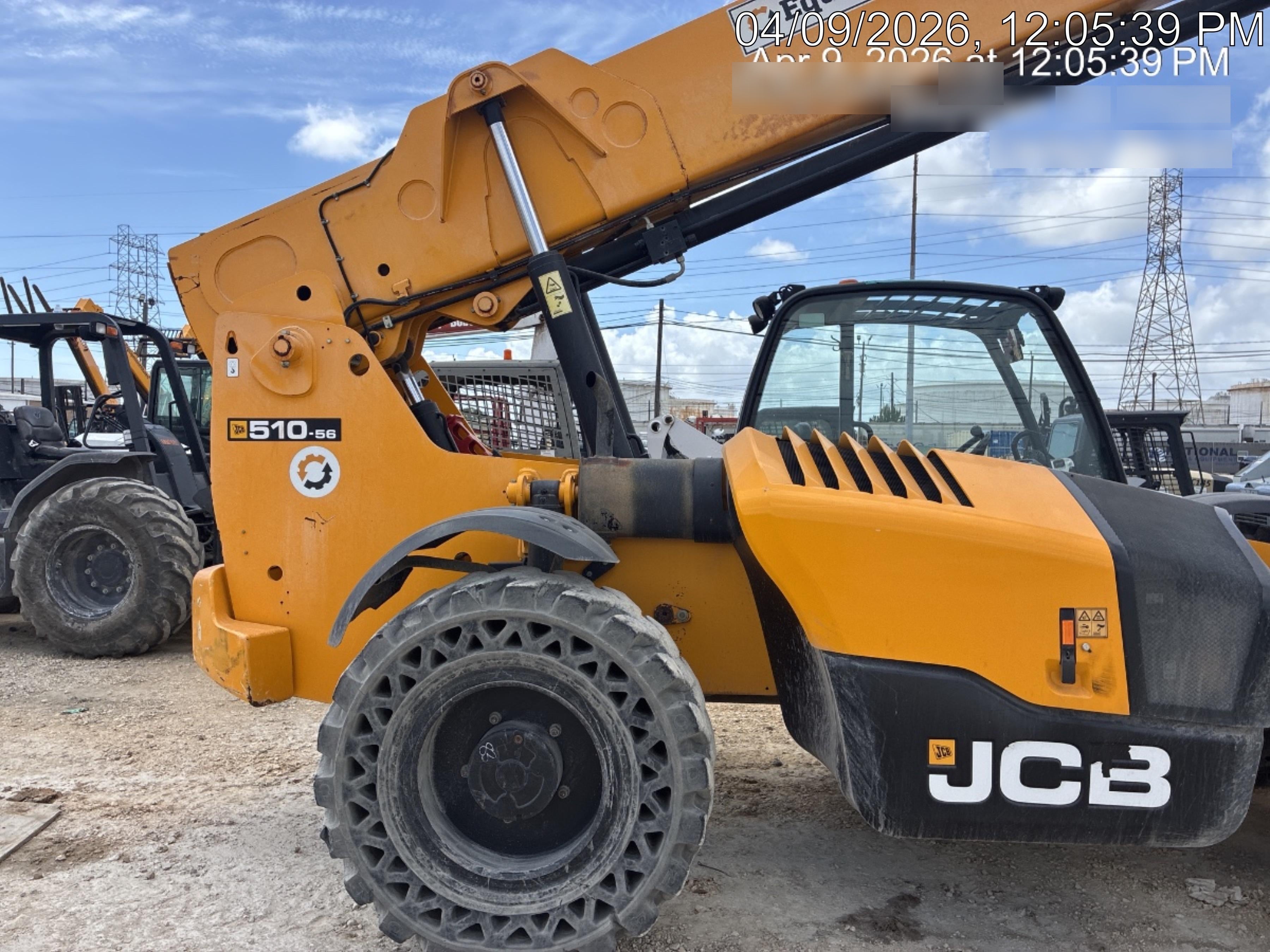 2019 JCB 510-56 Open ROPS, 74 HP, Solid Tires, Worklights, Beacon, Aux Hydraulics, Lifting Eye w/66" Carriage/60" Forks