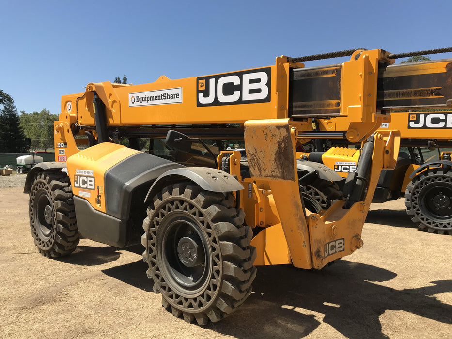 2019 JCB 510-56 74 HP w/Open ROPS, Beacon, Aux Hydraulics, Worklights, Solid Tires w/60" Carriage/Forks