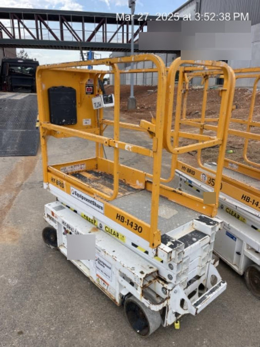 Custom Equipment HB-1430 <ul>
 <li>Hy-Brid Scissor Lift</li>
  <li>Platform capacity up to 670 lbs.</li>
  <li>Working height up to 20 ft</li>
  <li>Weighs under 1,700 lbs.</li>
  <li>Non-marking wheels </li>
</ul>