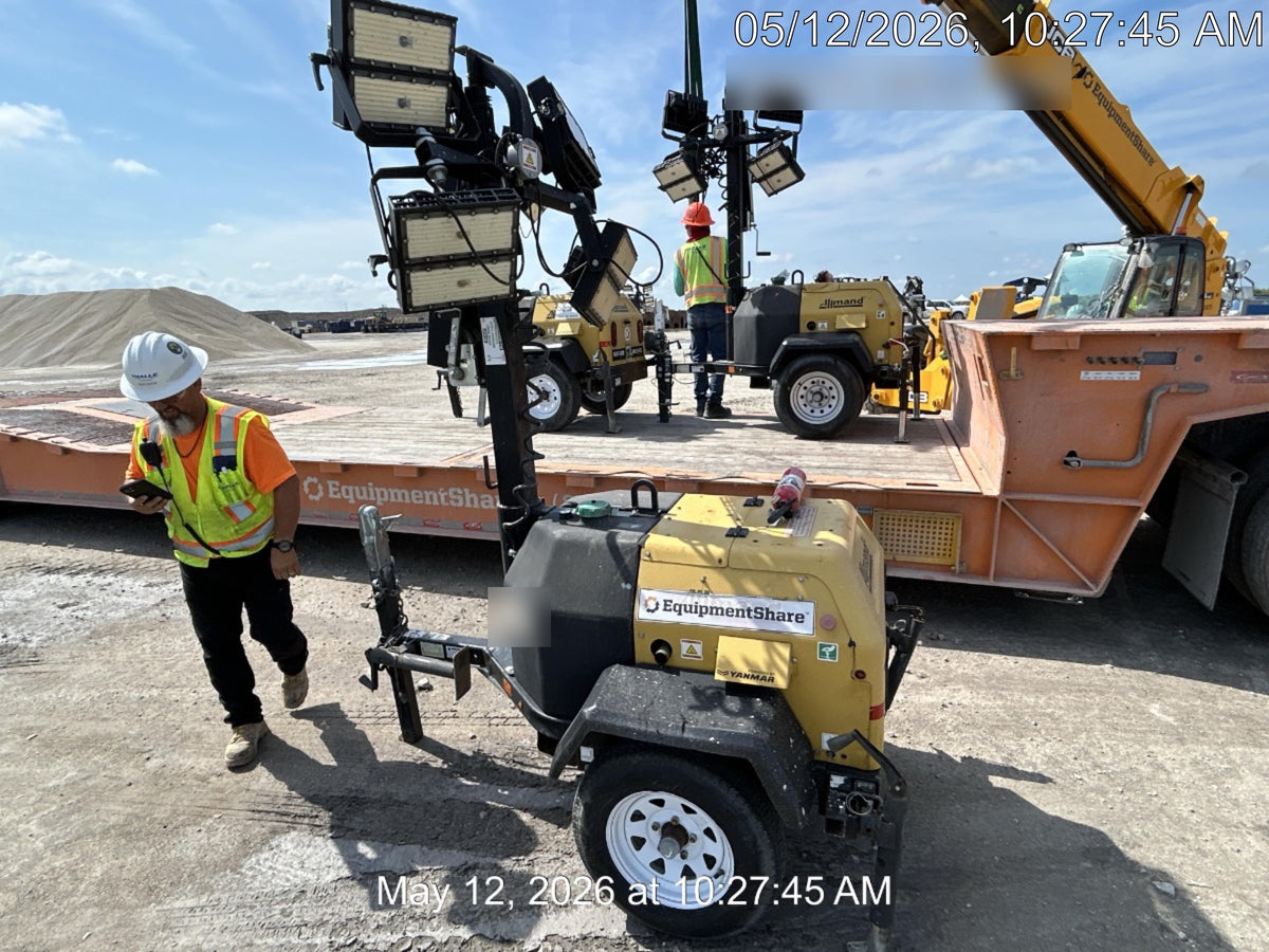 Allmand NLV3GR (4) LED Light Fixture 350W, 23' Vertical Mast, 3kW Prime, Towable, Deep Sea L401, Leveling Jacks, Yanmar T4F 5.8hp
