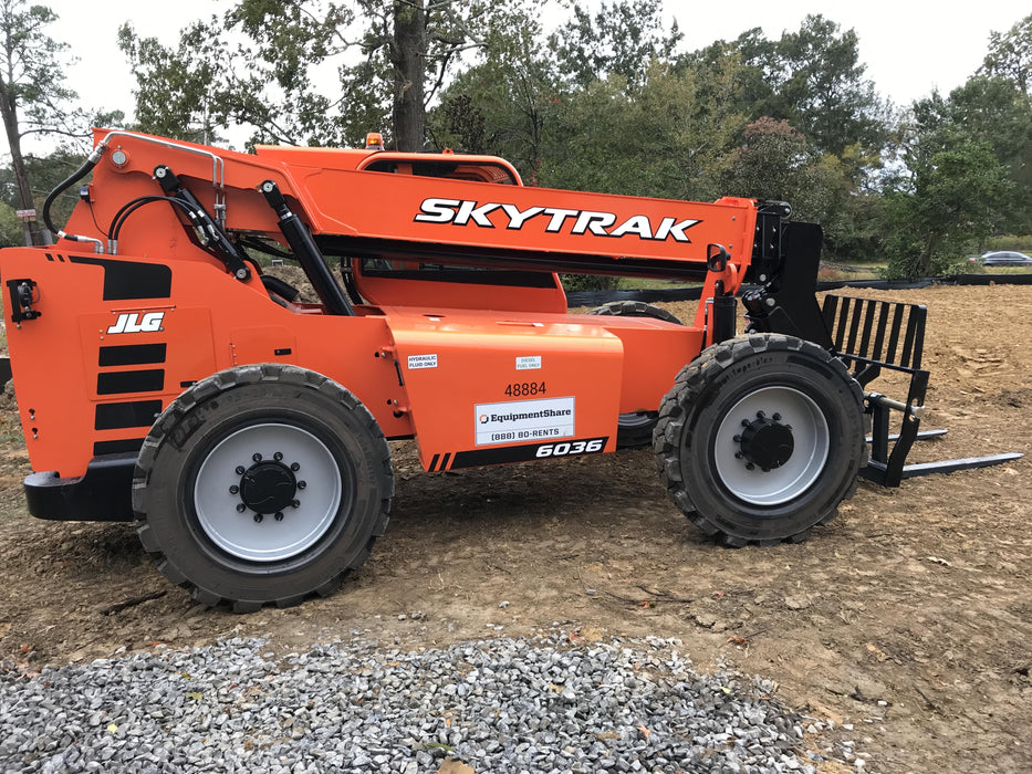 2019 Skytrak 6036 Cab/Heat/Air, Solid Tires, LED Work Lights, Beacon w/50" Carriage, 48" Pallet Forks