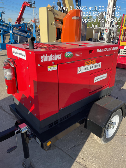 2022 Shindaiwa DGW400MDL Kubota D902 Engine, 23 HP, Dual Op Welder, Wire, Arc, Droop Stick, Tig, and CC Stick Functionality, Simulphase, 3 Phase and 1 Phase Gen Output, Single Axle NB Trlr, Slr Trckl Chrg 12V 12W, Fire Ext