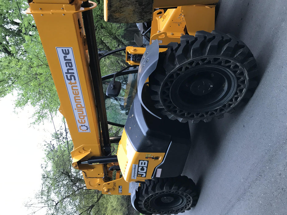 2019 JCB 510-56 74 HP w/Open ROPS, Beacon, Aux Hydraulics, Worklights, Solid Tires w/60" Carriage/Forks