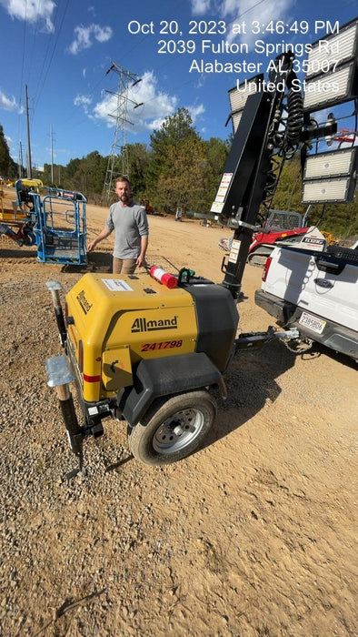 2022 Allmand NLV3GR (4) LED Light Fixture 350W, 23' Vertical Mast, 3kW Prime, Towable, Deep Sea L401, Leveling Jacks, Yanmar T4F 5.8hp