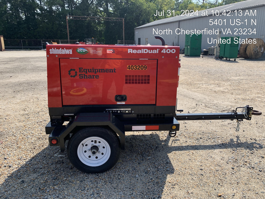 2024 Shindaiwa DGW400MDL Kubota D902 Engine, 23 HP, Dual Op Welder, Wire, Arc, Droop Stick, Tig, and CC Stick Functionality, Simulphase, 3 Phase and 1 Phase Gen Output, Single Axle NB Trlr, Slr Trckl Chrg 12V 12W, Fire Ext