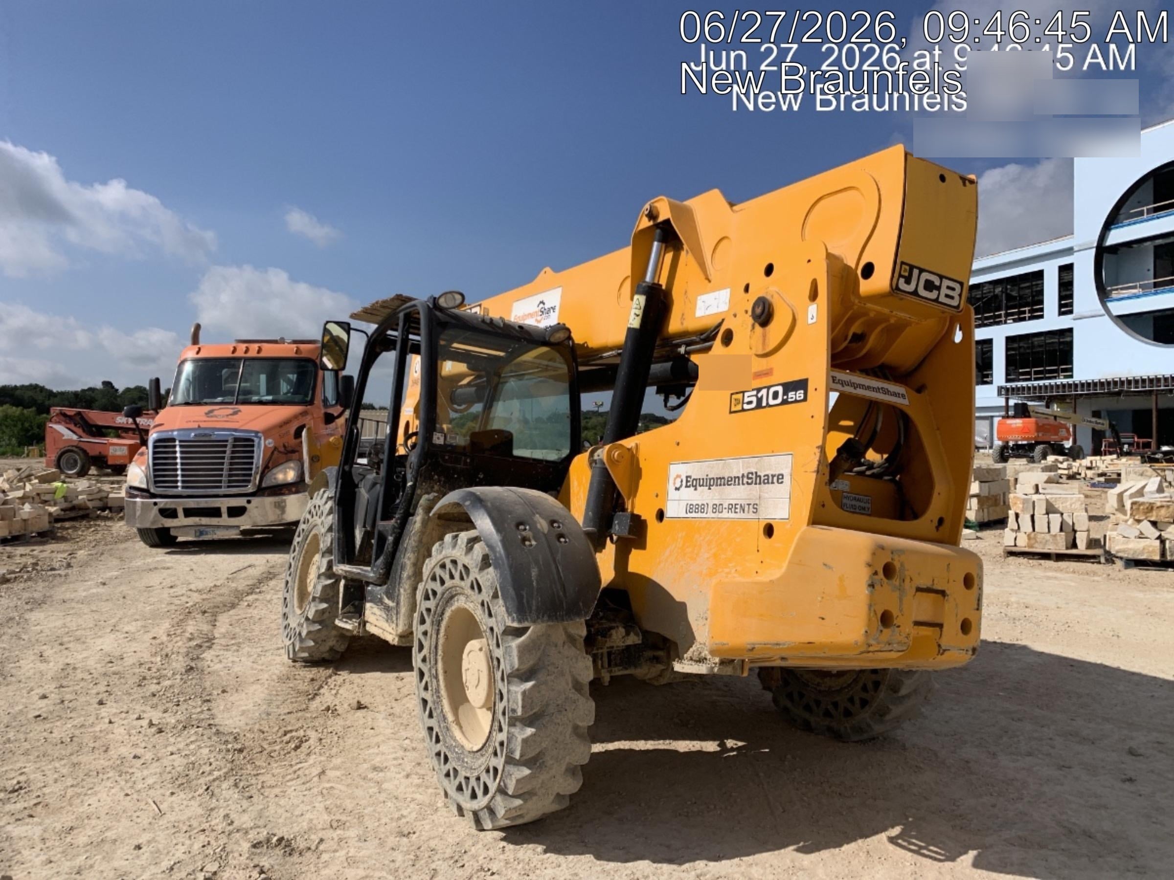 2019 JCB 510-56 74 HP w/Open ROPS, Beacon, Aux Hydraulics, Worklights, Solid Tires w/60" Carriage/Forks