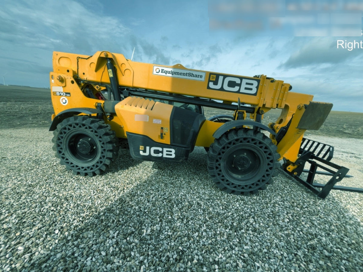 2020 JCB 510-56 Cab/Heat/Air, 74 HP, Solid Tires, STD Worklight, Beacon, Aux Hydraulics, Lifting Eye, Back up Alarm w/66" Carriage/60" Forks