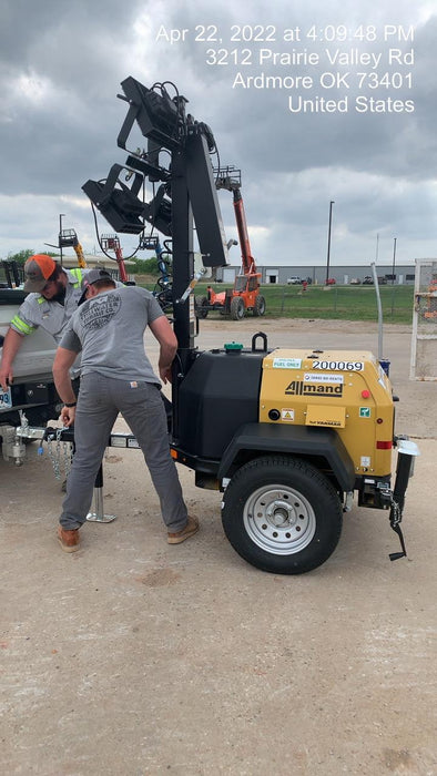 2022 Allmand NLV3GR (4) LED Light Fixture 350W, 23' Vertical Mast, 3kW Prime, Towable, Deep Sea L401, Leveling Jacks, Yanmar T4F 5.8hp