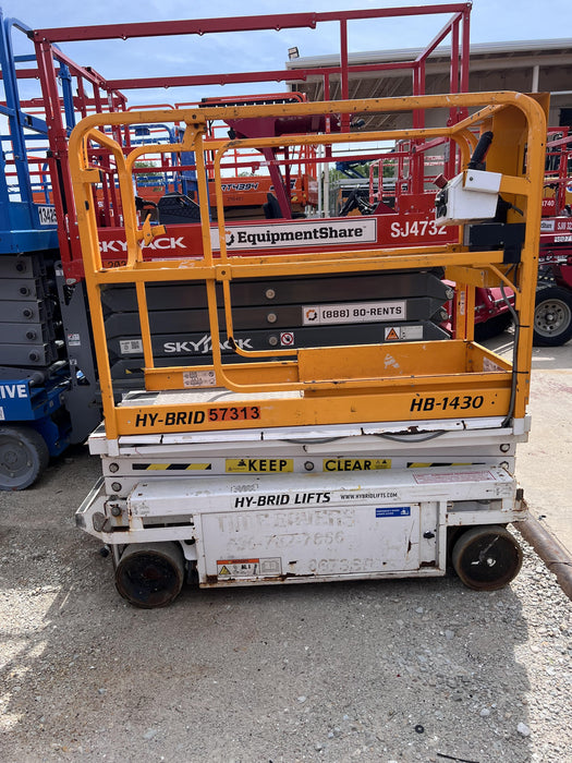 Custom Equipment HB-1430 <ul>
 <li>Hy-Brid Scissor Lift</li>
  <li>Platform capacity up to 670 lbs.</li>
  <li>Working height up to 20 ft</li>
  <li>Weighs under 1,700 lbs.</li>
  <li>Non-marking wheels </li>
</ul>