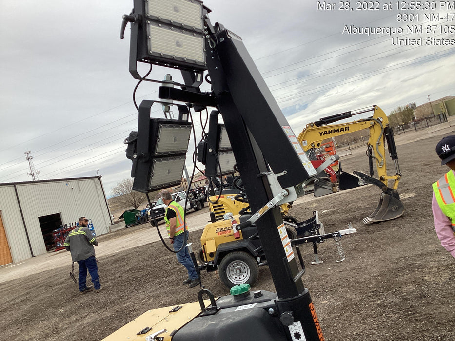 Allmand NLV3GR (4) LED Light Fixture 350W, 23' Vertical Mast, 3kW Prime, Towable, Deep Sea L401, Leveling Jacks, Yanmar T4F 5.8hp