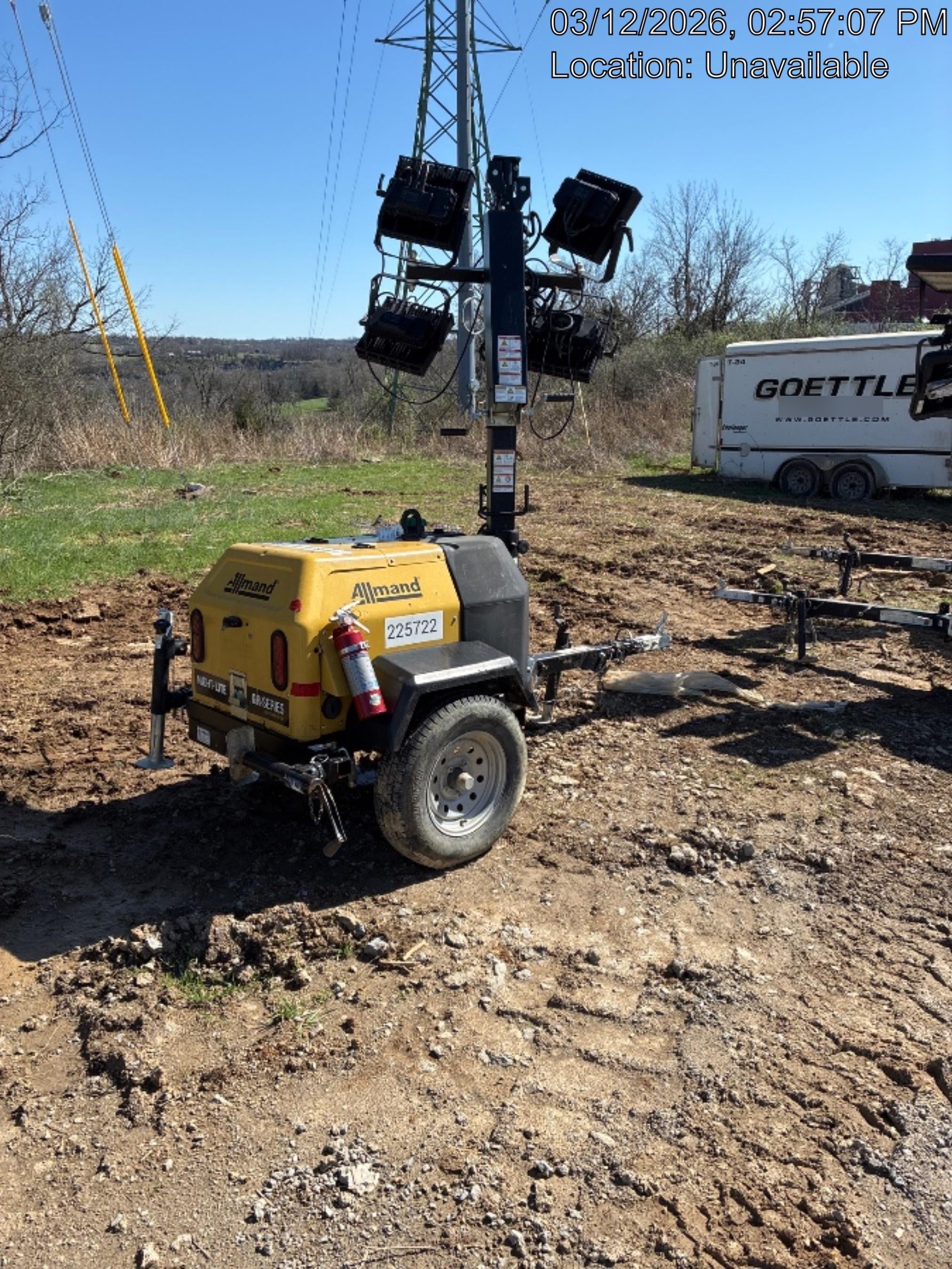 2022 Allmand NLV3GR (4) LED Light Fixture 350W, 23' Vertical Mast, 3kW Prime, Towable, Deep Sea L401, Leveling Jacks, Yanmar T4F 5.8hp
