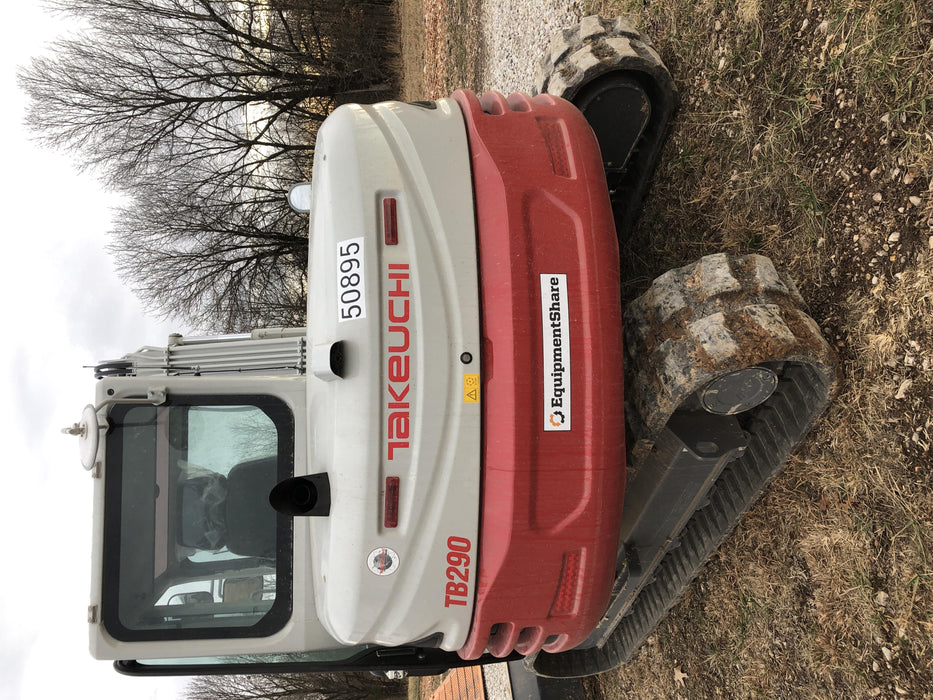 2019 Takeuchi TB290 Cab, AC, Rubber Tracks, Dozer Blade, Travel Alarm, Control Pattern Change Valve, Auxiliary Hydraulics w/18" Quick Coupler Bucket with teeth, 6.2 cu. ft. capacity/24" Quick Coupler Bucket with teeth, 8.6 cu. ft. capacity/36" Quick Coupler Bucket with teeth, 13.4 cu. ft. capacity, Quick Coupler, Hydraulic Thumb Installed