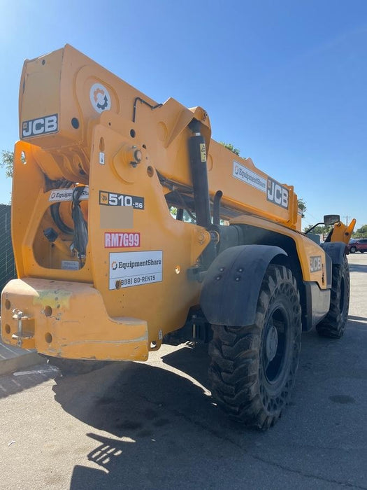2019 JCB 510-56 74 HP w/Open ROPS, Beacon, Aux Hydraulics, Worklights, Solid Tires w/60" Carriage/Forks