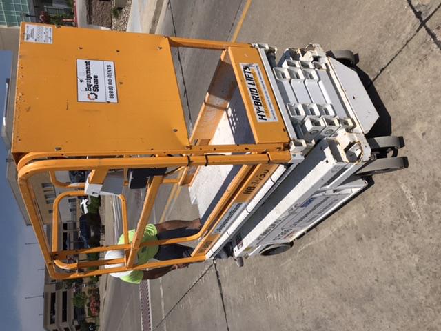 Custom Equipment HB-1430 <ul>
 <li>Hy-Brid Scissor Lift</li>
  <li>Platform capacity up to 670 lbs.</li>
  <li>Working height up to 20 ft</li>
  <li>Weighs under 1,700 lbs.</li>
  <li>Non-marking wheels </li>
</ul>
