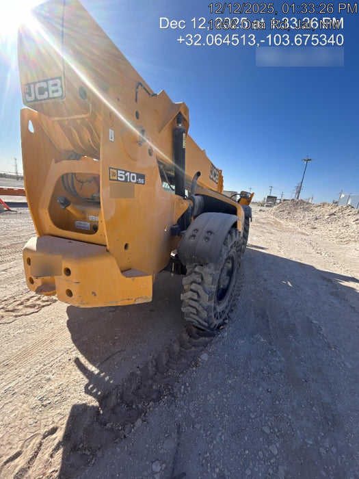 2019 JCB 510-56 Open ROPS, 74 HP, Solid Tires, Worklights, Beacon, Aux Hydraulics, Lifting Eye w/60" Carriage/60" Forks