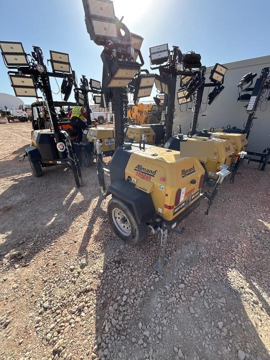 Allmand NLV3GR (4) LED Light Fixture 350W, 23' Vertical Mast, 3kW Prime, Towable, Deep Sea L401, Leveling Jacks, Yanmar T4F 5.8hp