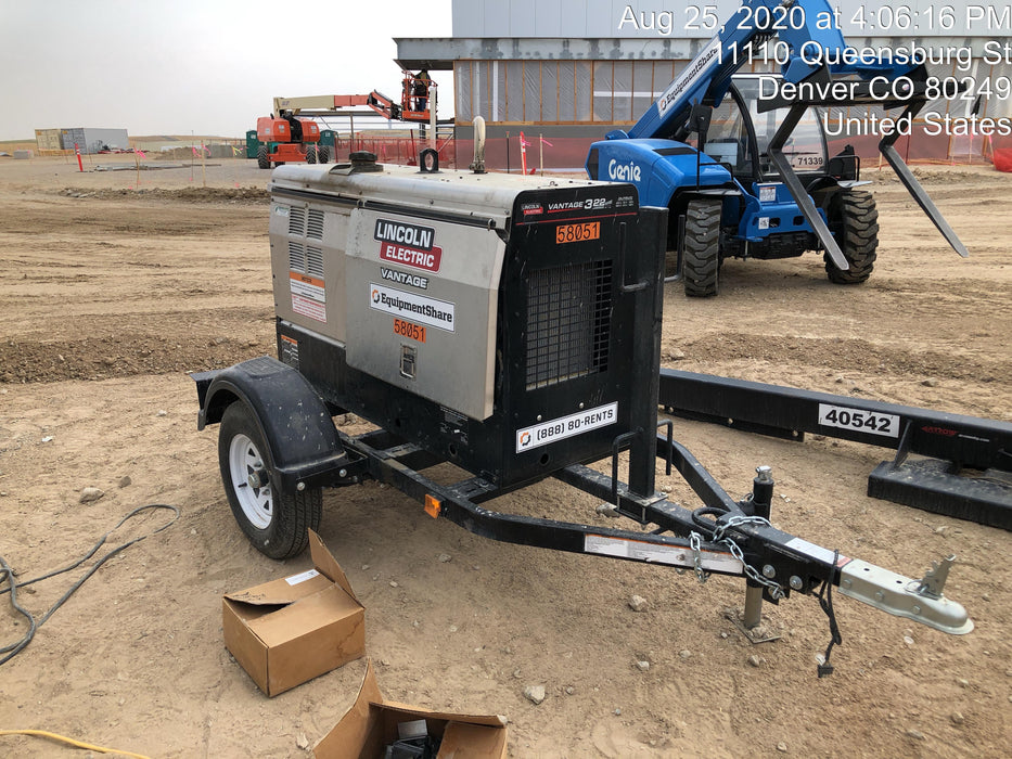 2019 Lincoln Electric Vantage 322 Welder Ready-Pak 3, Two wheel trailer, Fender and Light kit, Cable Rack