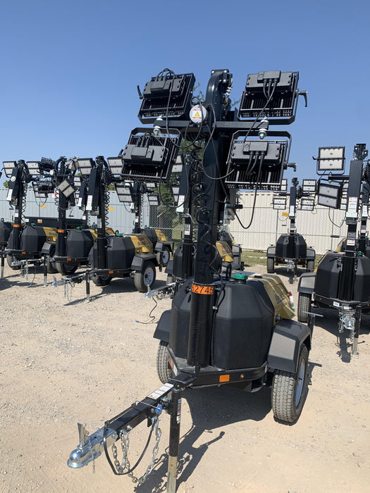 2021 Allmand NLV3GR (4) LED Light Fixture 350W, 23' Vertical Mast, 3kW Prime, Towable, Deep Sea L401, Leveling Jacks, Yanmar T4F 5.8hp