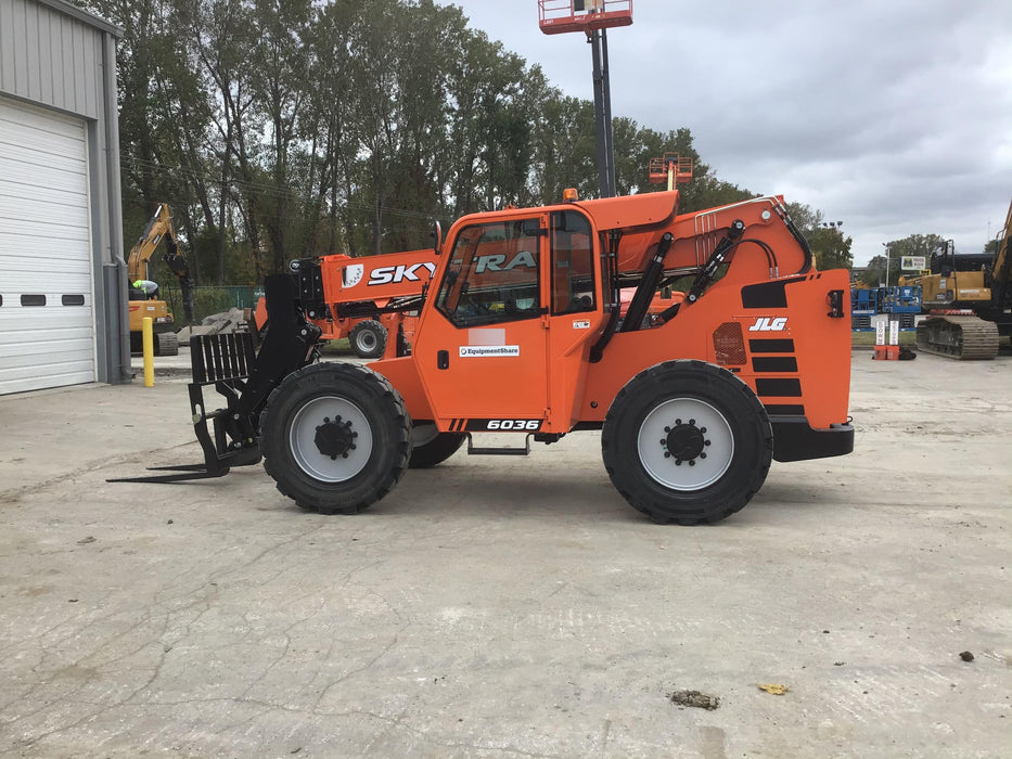 2019 Skytrak 6036 Cab/Heat/Air, Solid Tires, LED Work Lights, Beacon w/50" Carriage, 48" Pallet Forks