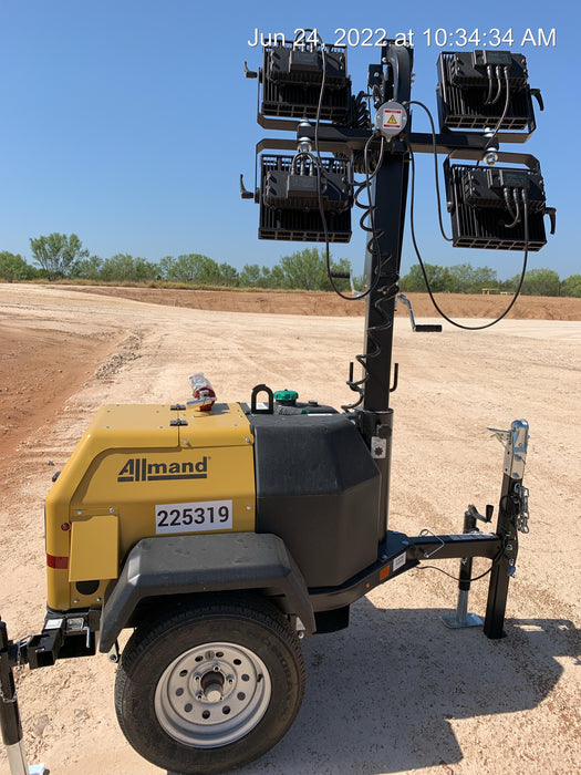 2022 Allmand NLV3GR (4) LED Light Fixture 350W, 23' Vertical Mast, 3kW Prime, Towable, Deep Sea L401, Leveling Jacks, Yanmar T4F 5.8hp