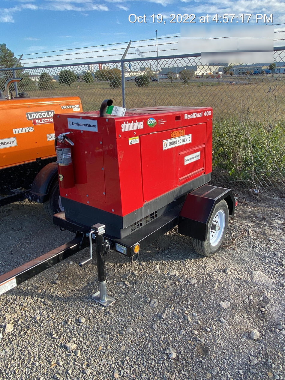 2022 Shindaiwa DGW400MDL Kubota D902 Engine, 23 HP, Dual Op Welder, Wire, Arc, Droop Stick, Tig, and CC Stick Functionality, Simulphase, 3 Phase and 1 Phase Gen Output, Single Axle NB Trlr, Slr Trckl Chrg 12V 12W, Fire Ext