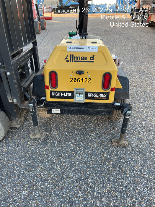 2022 Allmand NLV3GR (4) LED Light Fixture 350W, 23' Vertical Mast, 3kW Prime, Towable, Deep Sea L401, Leveling Jacks, Yanmar T4F 5.8hp