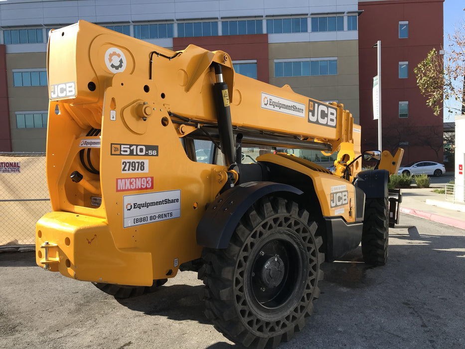 2019 JCB 510-56 74 HP w/Open ROPS, Beacon, Aux Hydraulics, Worklights, Solid Tires w/60" Carriage/Forks