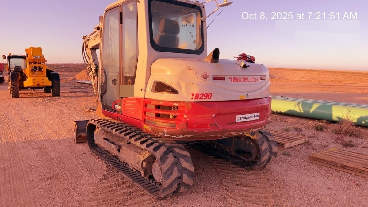2019 Takeuchi TB290 Cab, AC, Rubber Tracks, Dozer Blade, Travel Alarm, Control Pattern Change Valve, Auxiliary Hydraulics w/18" Quick Coupler Bucket with teeth, 6.2 cu. ft. capacity/24" Quick Coupler Bucket with teeth, 8.6 cu. ft. capacity/36" Quick Coupler Bucket with teeth, 13.4 cu. ft. capacity, Quick Coupler, Hydraulic Thumb Installed
